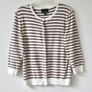 Cynthia Rowley Cream Tan Striped Long-Sleeve Preppy Cute Cardigan Sweater Medium